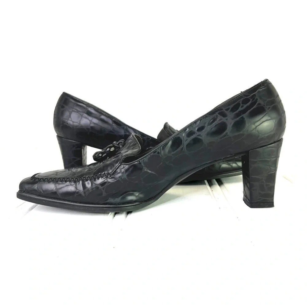 Stuart Weitzman black leather block heels square toe vintage animal prints 8.5 - Picture 11 of 14